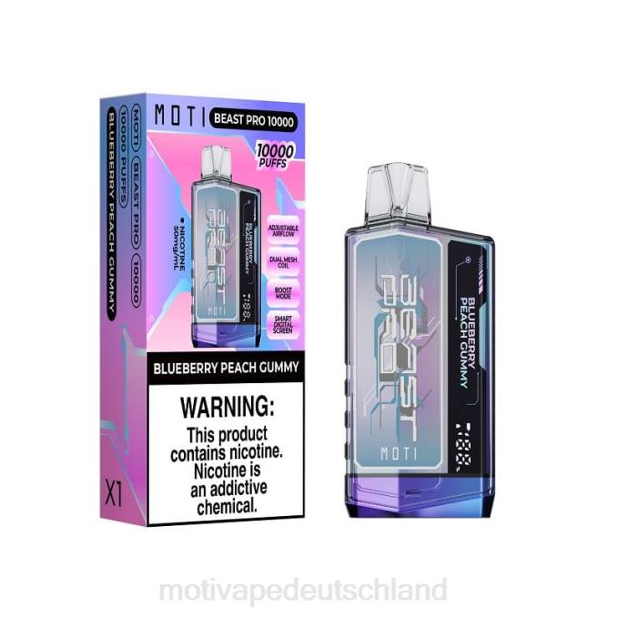 6L2V39 MOTI Beast Pro Einweg-Vaporizer (5 %, 10.000 Züge) Blaubeer-Pfirsich-Gummi | MOTI vape refill